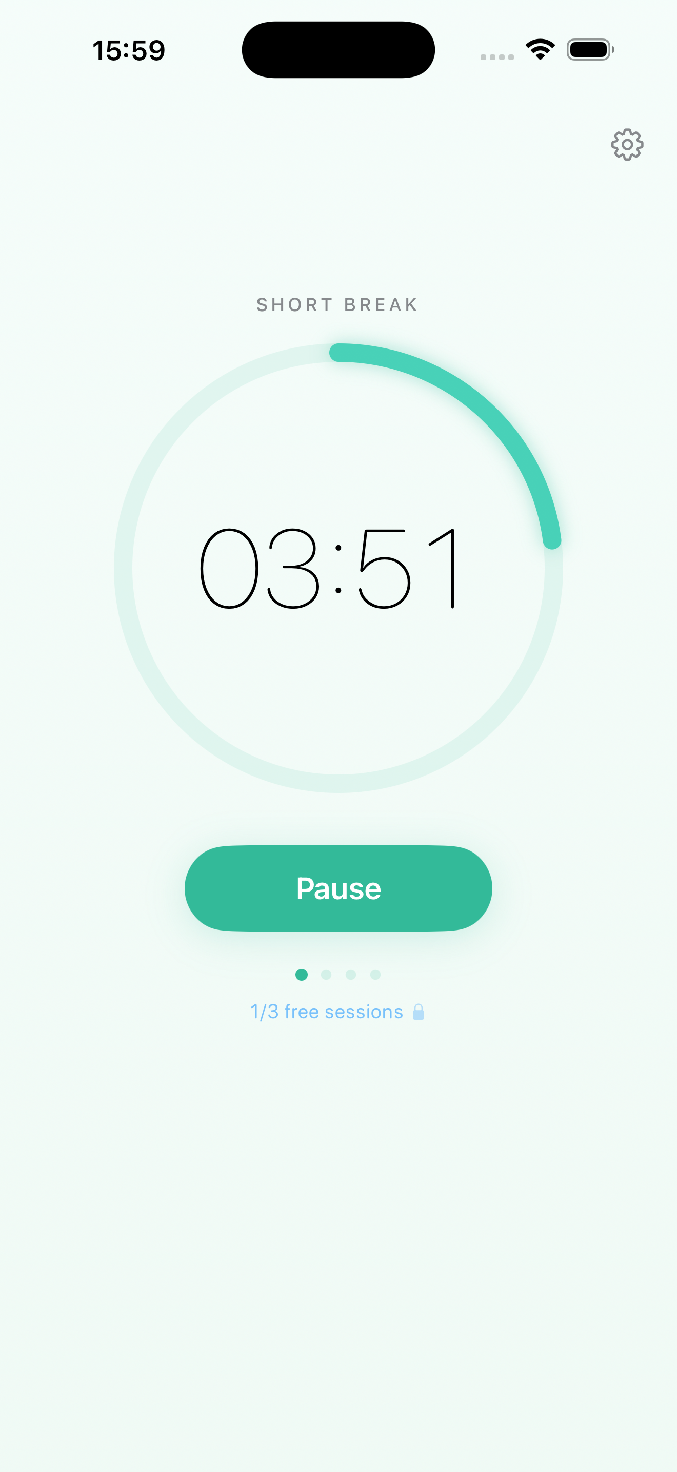 Pomino short break mode showing mint green timer at 03:51